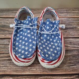 Hey Dude's Slides American Flag design Women's size 9 mens size 7